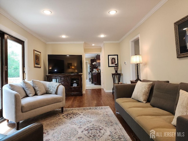 4 Hollis Rd, East Brunswick, NJ 08816 - living area with dark wood-style flooring, recessed lighting, and ornamental molding