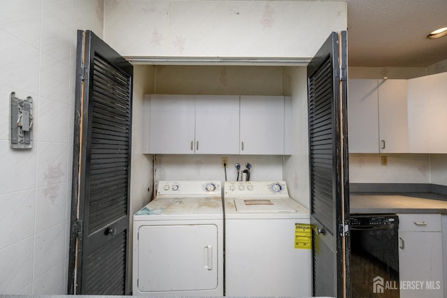 clothes washing area featuring cabinet space and independent washer and dryer