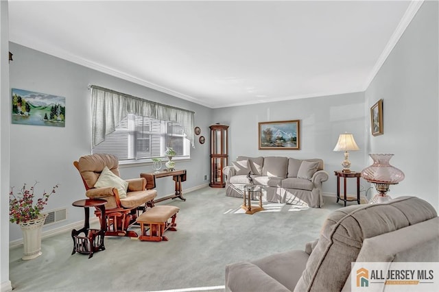 living room featuring ornamental molding, carpet flooring, visible vents, and baseboards