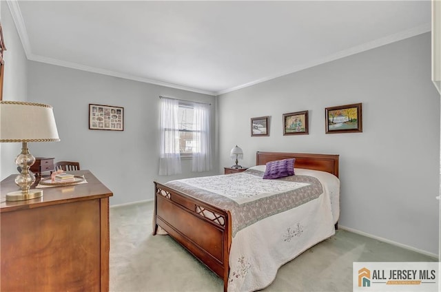 bedroom featuring baseboards, ornamental molding, and light colored carpet