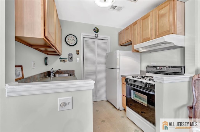 kitchen with gas range gas stove, visible vents, light brown cabinets, a sink, and under cabinet range hood