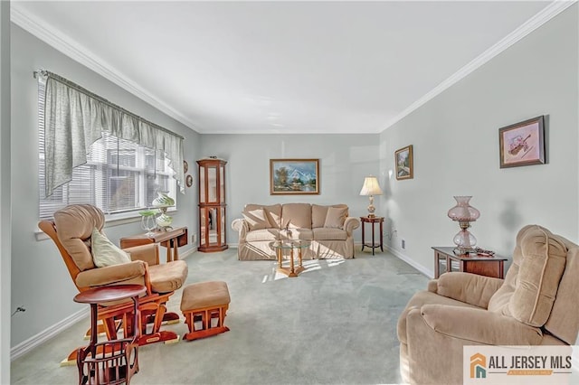 living room with ornamental molding, light colored carpet, and baseboards