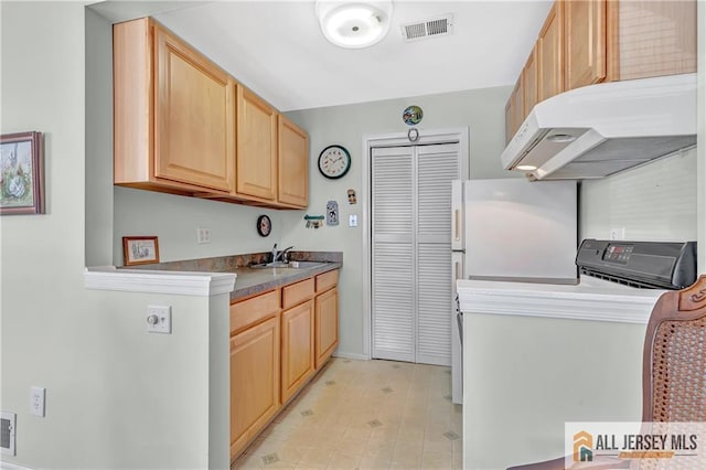 kitchen featuring visible vents, light brown cabinetry, under cabinet range hood, a sink, and freestanding refrigerator