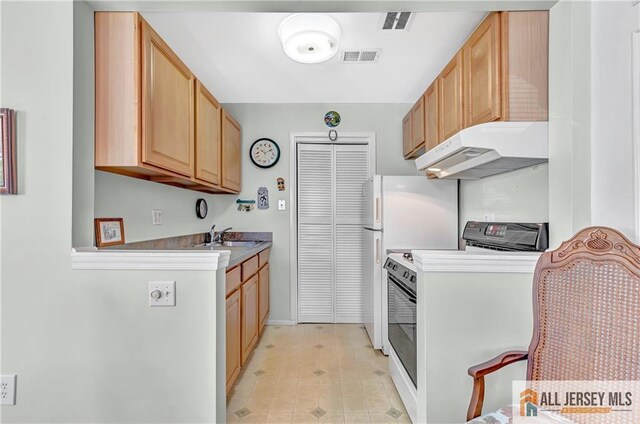 kitchen with visible vents, light countertops, stove, a sink, and under cabinet range hood