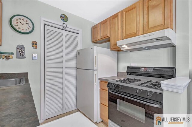 kitchen featuring under cabinet range hood, gas range oven, and freestanding refrigerator