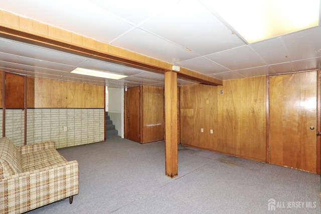 1270 S 9th St S, South Plainfield, NJ 07080 - finished below grade area with carpet, wood walls, and stairway