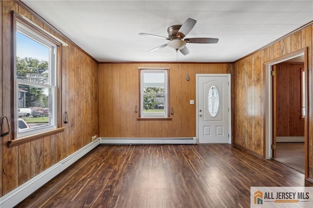 foyer entrance with dark wood finished floors, a healthy amount of sunlight, baseboards, and a baseboard heating unit