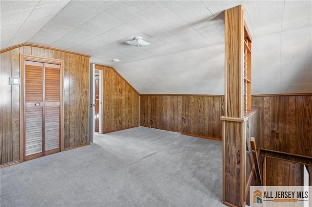 bonus room featuring wooden walls, carpet, and vaulted ceiling