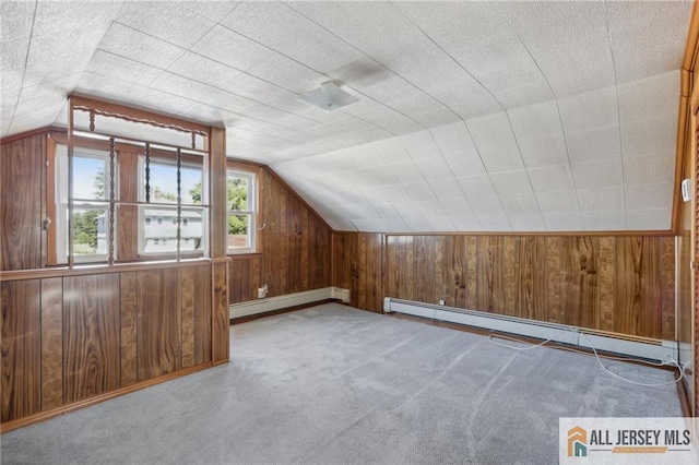 additional living space with baseboard heating, vaulted ceiling, wooden walls, and carpet