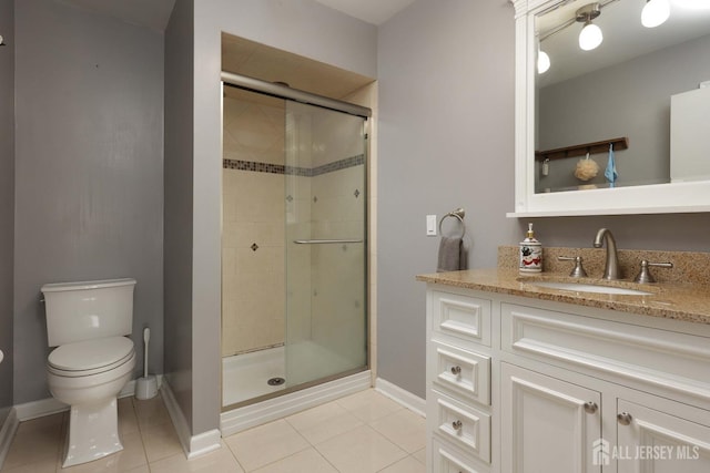 bathroom with tile patterned flooring, a stall shower, toilet, and baseboards