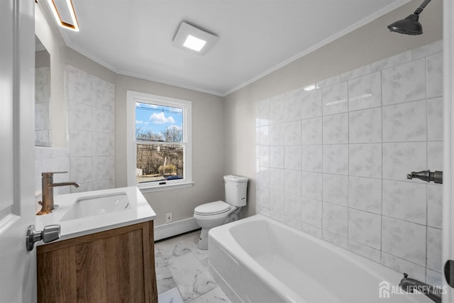 full bath with marble finish floor, crown molding, toilet, vanity, and baseboards