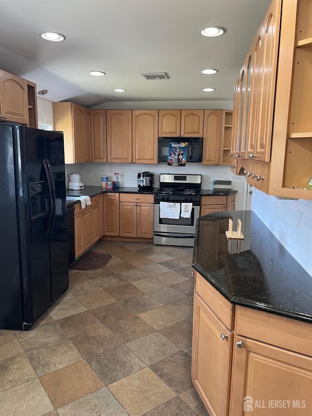 24 Kensington Ave, Old Bridge, NJ 08857 - kitchen featuring black appliances, open shelves, dark stone counters, decorative backsplash, and light brown cabinetry