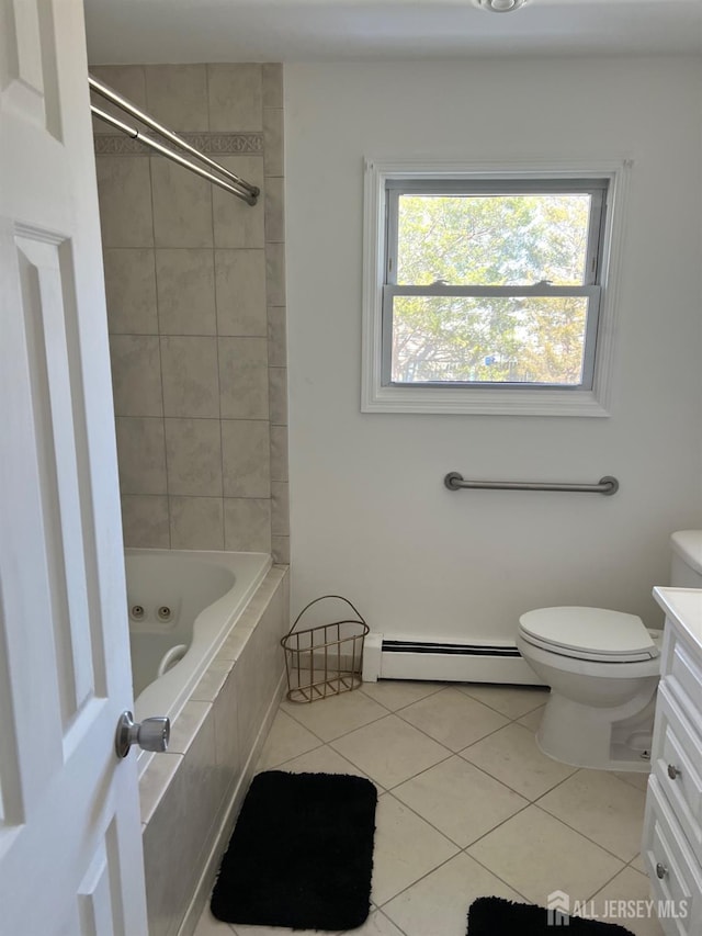 24 Kensington Ave, Old Bridge, NJ 08857 - bathroom with a baseboard radiator, tile patterned flooring, vanity, toilet, and a combined bath / shower with jetted tub