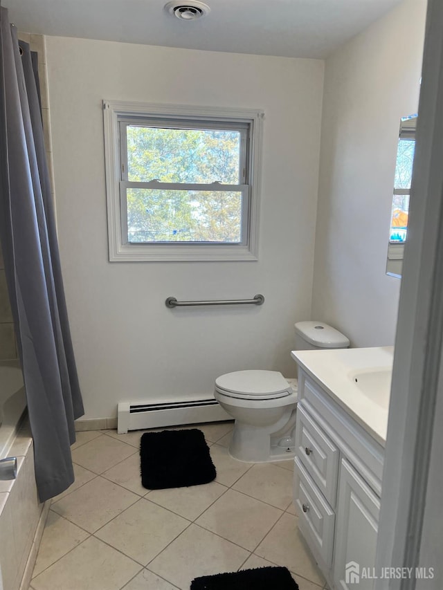 full bathroom with vanity, shower / bath combo, tile patterned flooring, toilet, and baseboard heating