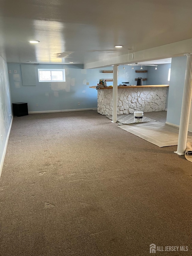 24 Kensington Ave, Old Bridge, NJ 08857 - below grade area featuring carpet flooring, baseboards, and bar