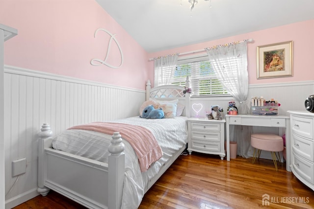 27 York St, Old Bridge, NJ 08857 - bedroom featuring a wainscoted wall, wood finished floors, and vaulted ceiling