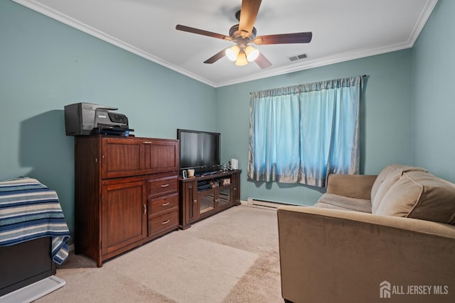 living area with light colored carpet, ornamental molding, a ceiling fan, and a baseboard heating unit