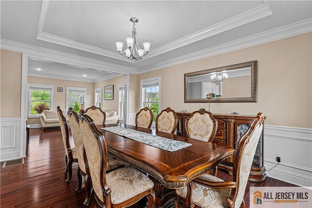 153 Scarborough Rd, Montgomery, NJ 08502 - dining area featuring a chandelier, wainscoting, ornamental molding, and dark wood-style floors