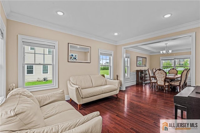153 Scarborough Rd, Montgomery, NJ 08502 - living area featuring plenty of natural light, a chandelier, dark wood-style floors, crown molding, and recessed lighting