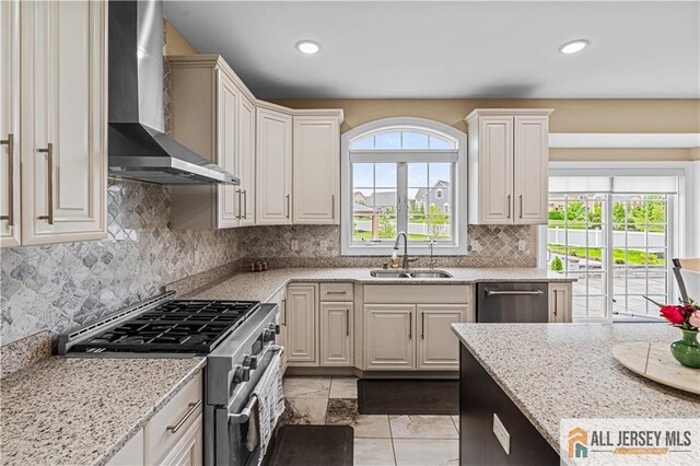 153 Scarborough Rd, Montgomery, NJ 08502 - kitchen with wall chimney range hood, a sink, stainless steel appliances, decorative backsplash, and light stone countertops