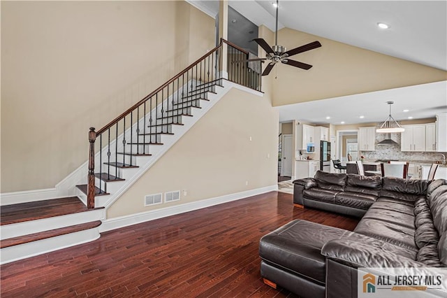 153 Scarborough Rd, Montgomery, NJ 08502 - living area with wood finished floors, stairway, a ceiling fan, baseboards, and recessed lighting