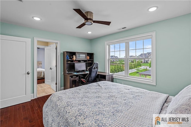 153 Scarborough Rd, Montgomery, NJ 08502 - bedroom featuring dark wood-style flooring, baseboards, a ceiling fan, and recessed lighting