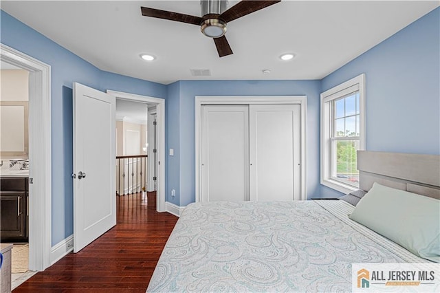 153 Scarborough Rd, Montgomery, NJ 08502 - bedroom featuring dark wood-style floors, baseboards, a closet, recessed lighting, and a ceiling fan