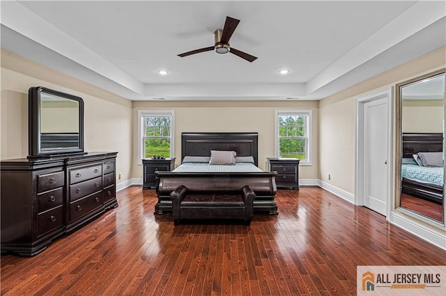 153 Scarborough Rd, Montgomery, NJ 08502 - bedroom with dark wood-style flooring, a raised ceiling, baseboards, ceiling fan, and recessed lighting