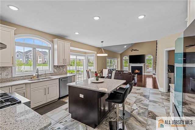 153 Scarborough Rd, Montgomery, NJ 08502 - kitchen with dishwasher, a sink, a center island, a lit fireplace, and decorative backsplash
