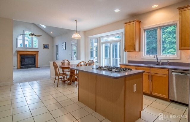 13 Carnegie St, Monroe, NJ 08831 - kitchen with appliances with stainless steel finishes, a glass covered fireplace, a kitchen island, open floor plan, and dark countertops