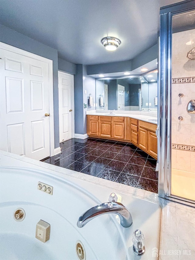 13 Carnegie St, Monroe, NJ 08831 - full bathroom with double vanity, a tub with jets, a shower stall, and granite floors