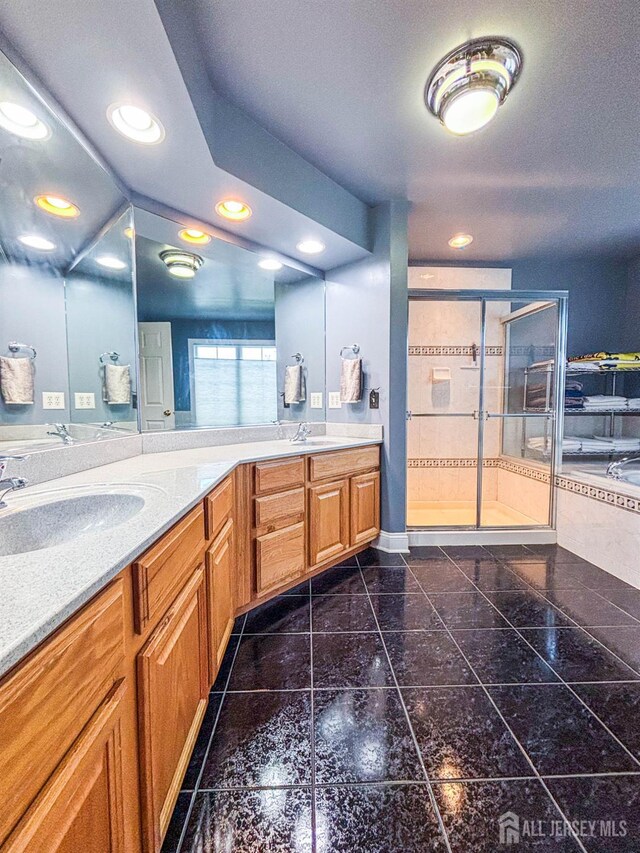 13 Carnegie St, Monroe, NJ 08831 - full bath with granite floors, a stall shower, double vanity, and recessed lighting