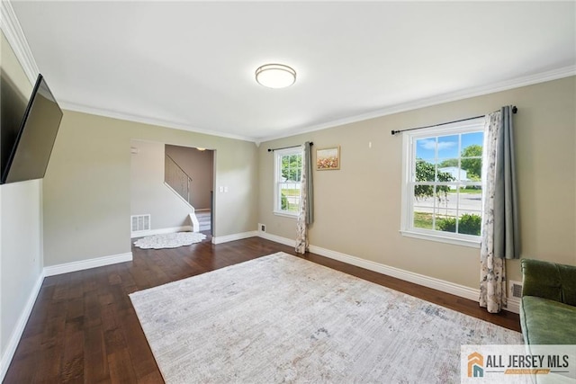 1072 Lake Placid Dr, Toms River, NJ 08753 - empty room with ornamental molding, stairs, and dark wood finished floors