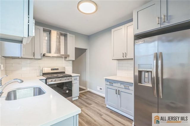 kitchen featuring backsplash, wall chimney exhaust hood, stainless steel appliances, sink, and light hardwood / wood-style floors