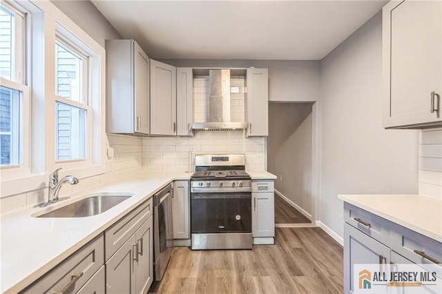 kitchen with decorative backsplash, gray cabinetry, wall chimney exhaust hood, stainless steel appliances, and sink