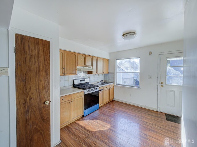 kitchen featuring tasteful backsplash, wood finished floors, light countertops, under cabinet range hood, and stainless steel range with gas stovetop