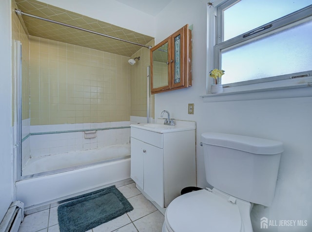 full bath featuring bathing tub / shower combination, toilet, tile patterned floors, vanity, and a baseboard heating unit