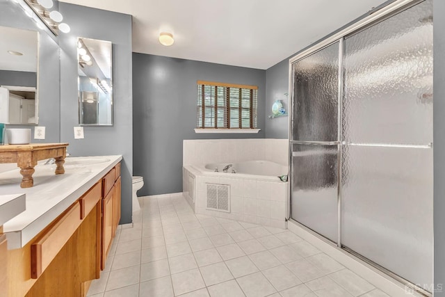 full bath with a garden tub, vanity, visible vents, a shower stall, and tile patterned floors