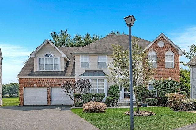 view of front of house featuring an attached garage, driveway, brick siding, and a front yard