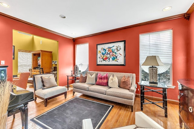 living room with crown molding and wood-type flooring