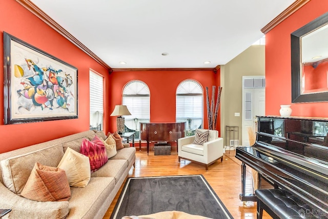 living room with recessed lighting, wood finished floors, and crown molding