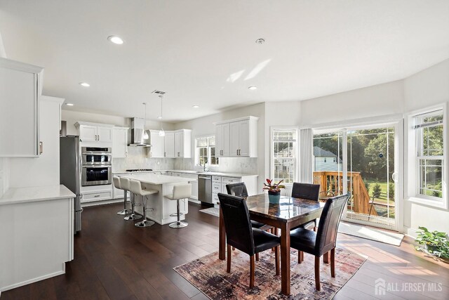 dining area featuring dark wood-type flooring and sink