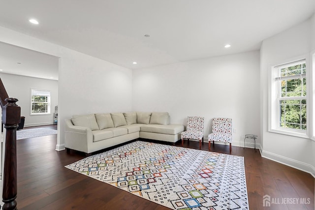 living room with dark hardwood / wood-style flooring