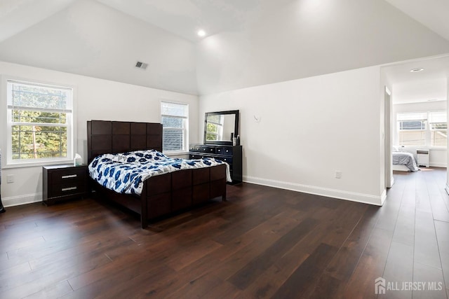 bedroom featuring dark hardwood / wood-style floors and high vaulted ceiling