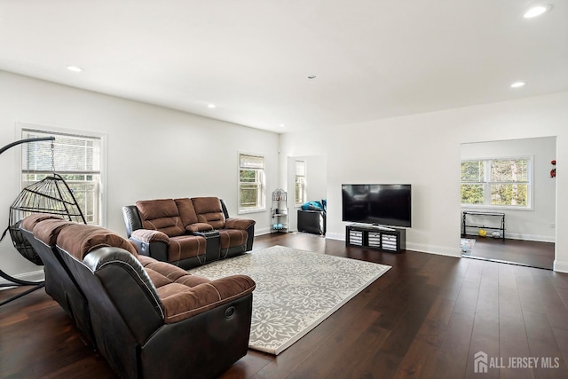 living room with dark hardwood / wood-style flooring