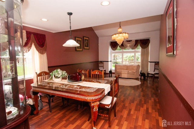 5 Dan Ct, Old Bridge, NJ 08857 - dining space featuring a chandelier, wood finished floors, lofted ceiling, and recessed lighting