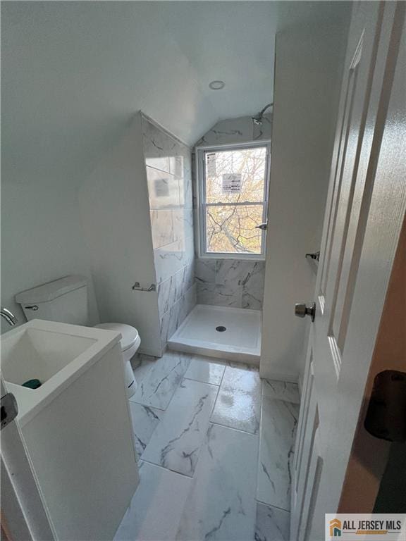 427 John St, Plainfield, NJ 07060 - full bathroom featuring toilet, a stall shower, marble look tiles, and lofted ceiling