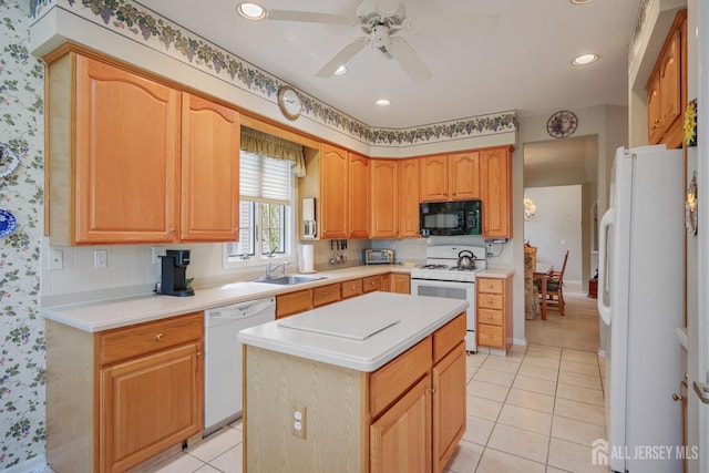27 Dawson Ln, Monroe, NJ 08831 - kitchen with white appliances, wallpapered walls, ceiling fan, light tile patterned flooring, and light countertops