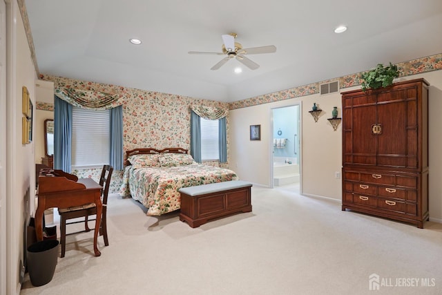 27 Dawson Ln, Monroe, NJ 08831 - bedroom featuring light colored carpet, baseboards, recessed lighting, a ceiling fan, and connected bathroom