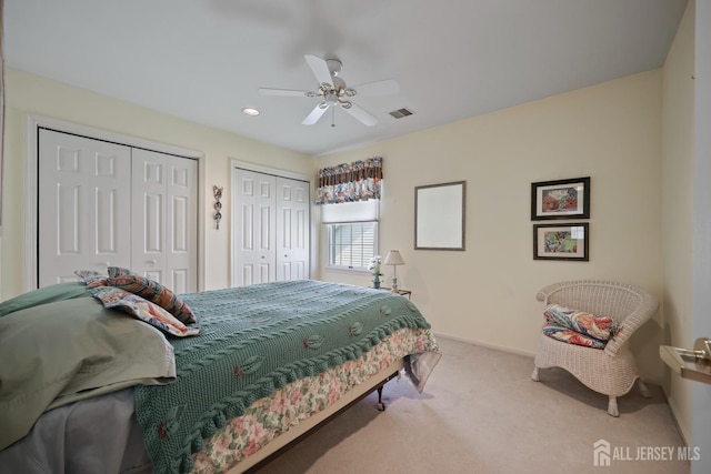 27 Dawson Ln, Monroe, NJ 08831 - bedroom featuring multiple closets, carpet, baseboards, recessed lighting, and ceiling fan
